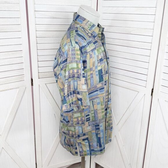 Tori Richard Geometric Print Button Up Camp Hawaiian Shirt Blue Green Tan Medium - Picture 3 of 11
